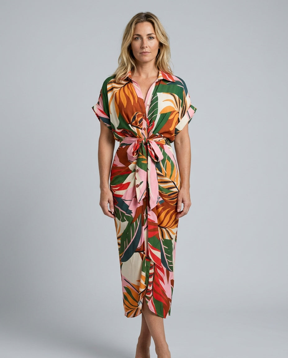 Brooke Callaway | Belted Short Sleeve Midi Shirt Dress For Women