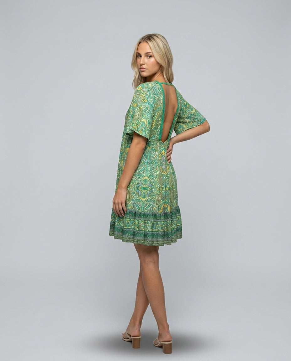 Brooke Flemming | V-Neck Flared Sleeve Paisley Mini Dress For Women