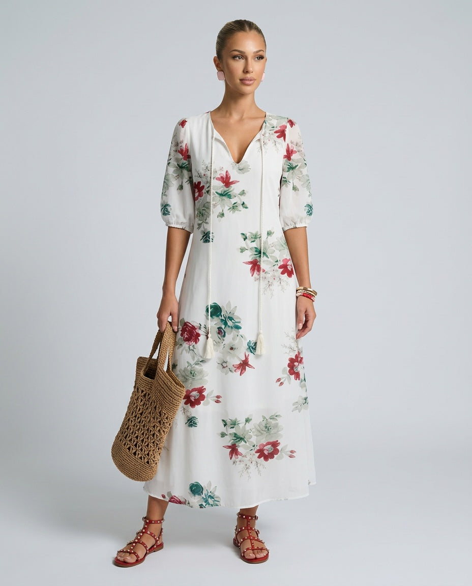 Isla Hargreaves | Ikat Print Tassel V-Neck Midi Dress For Women