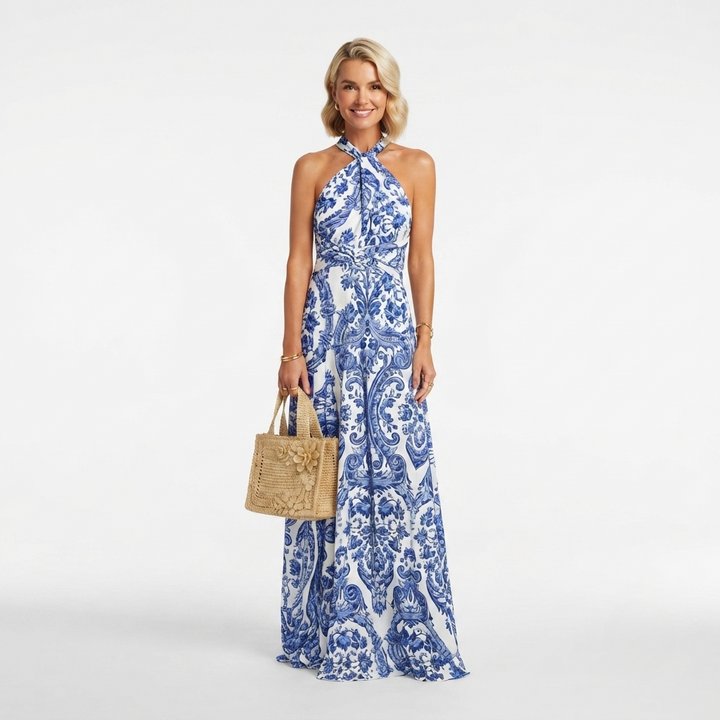 Tara Mitchell | Bohemian Blue Halter Neck Maxi Dress For Women