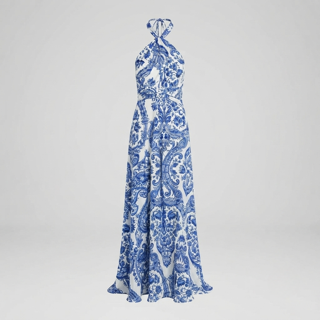 Tara Mitchell | Bohemian Blue Halter Neck Maxi Dress For Women