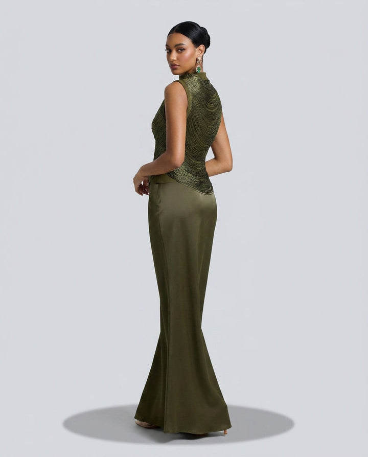 Charlotte Drummond | Ruched Tassel Top & Satin Maxi Skirt Set For Women