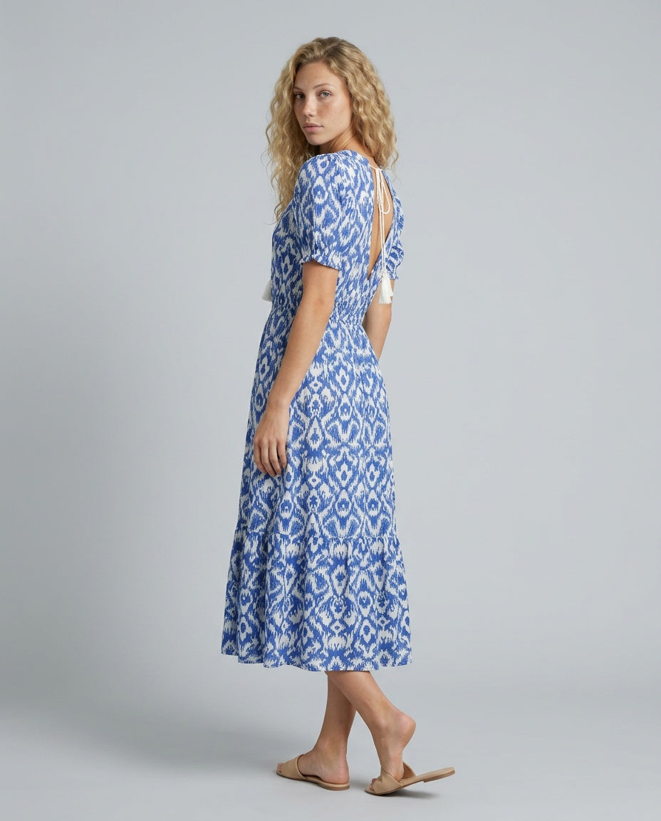 Isla Hargreaves | Ikat Print Tassel V-Neck Midi Dress For Women