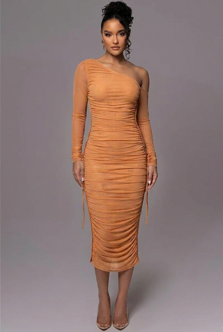 Grace Pemberton | One Shoulder Ruched Midi Evening Dress For Women