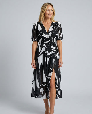 Phoebe Harrison | V-Neck Puff Sleeve Pleated Midi Dress For Women