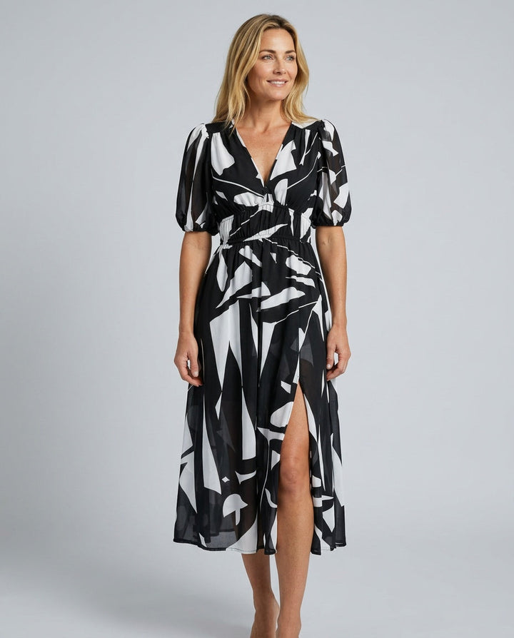 Phoebe Harrison | V-Neck Puff Sleeve Pleated Midi Dress For Women